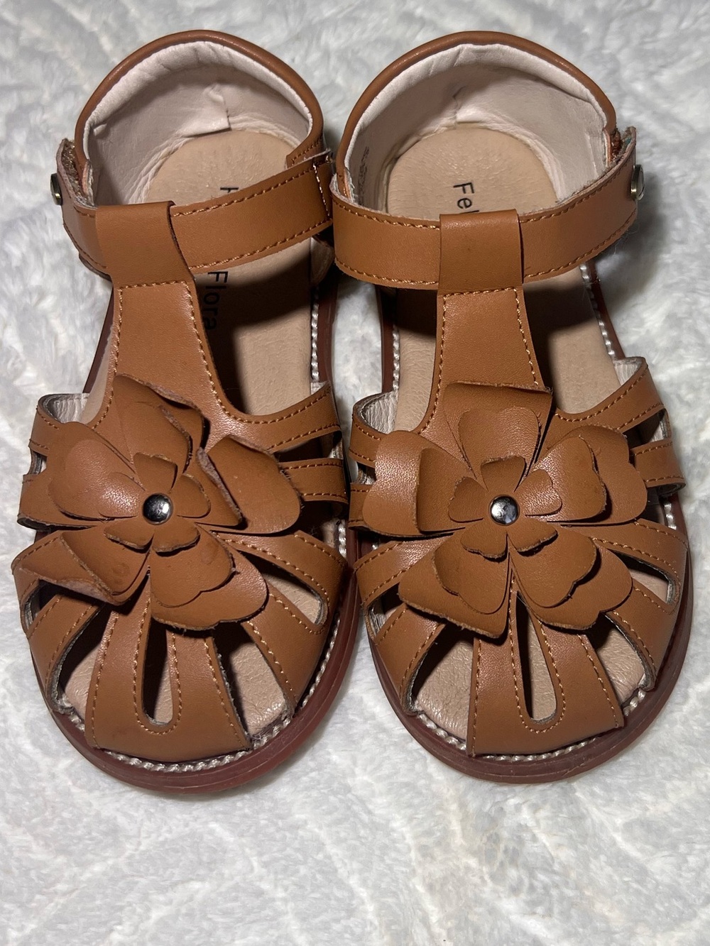 Kids Brown Floral T-Strap Sandals with Ankle Strap 0014